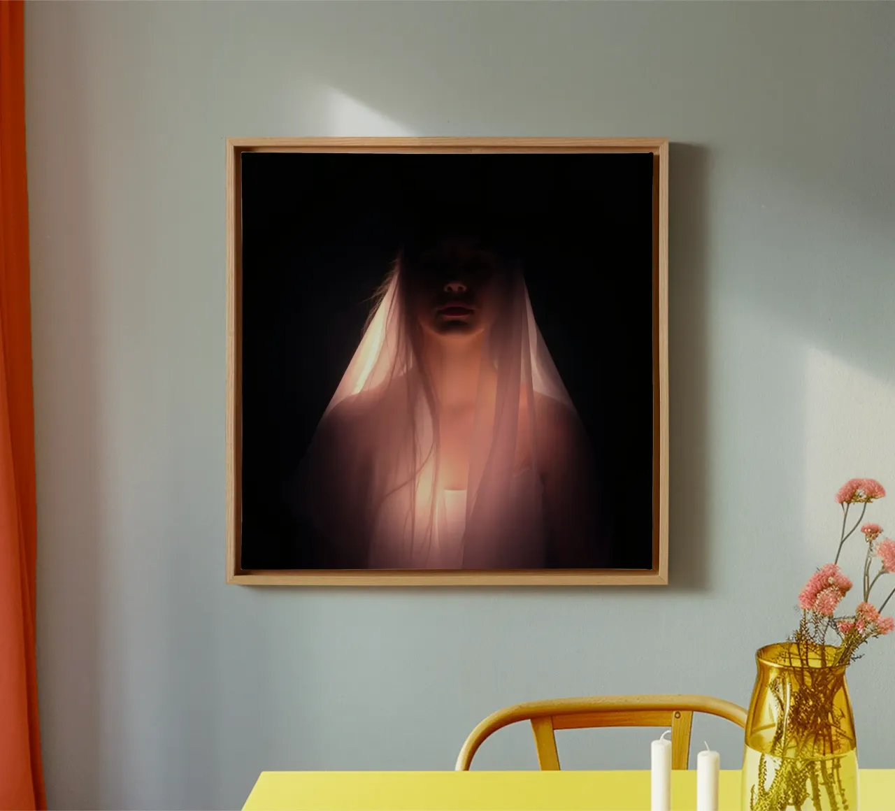 figure with a veil illuminated from below in a dark space canvas by DesignDoodle