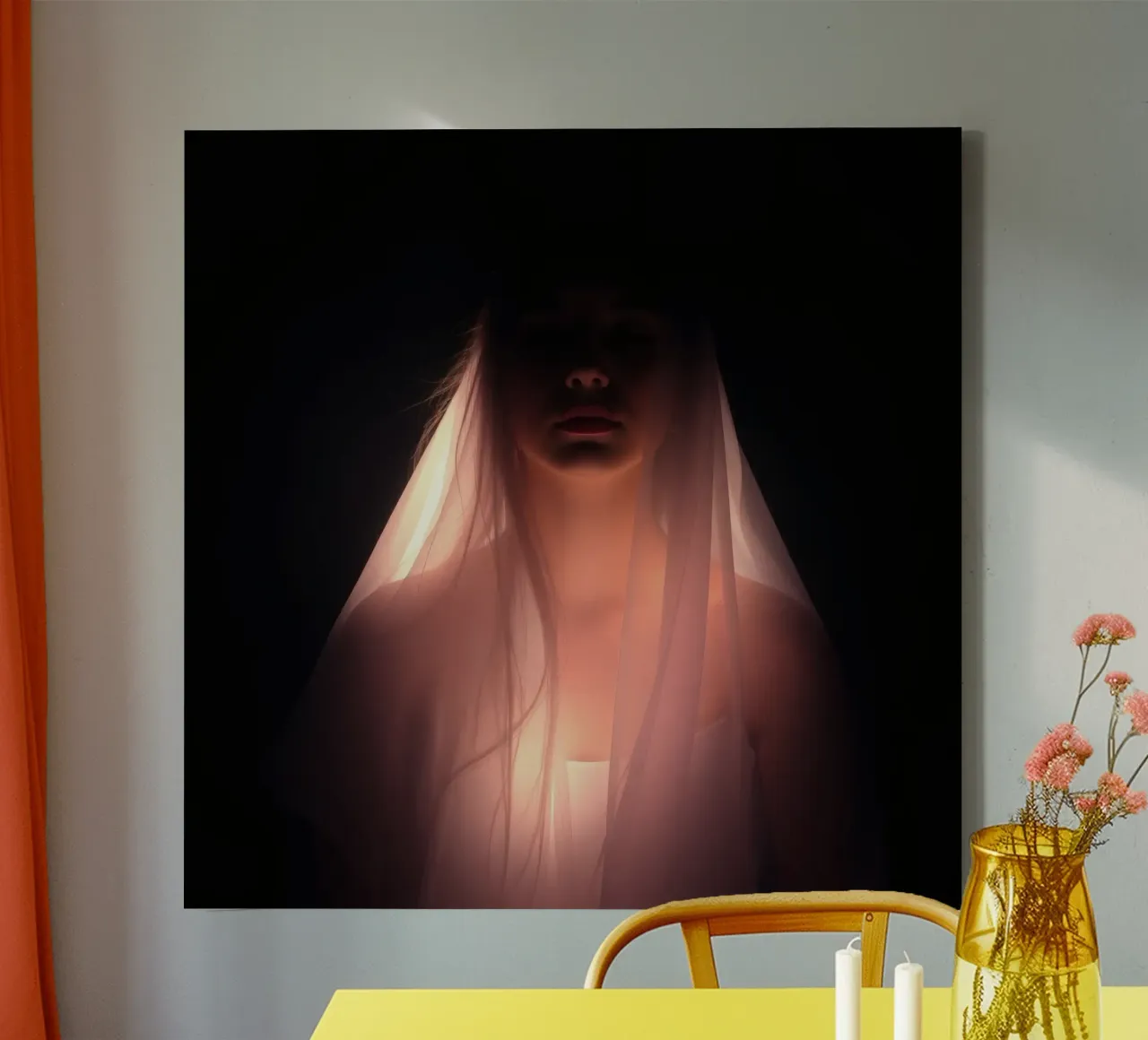 figure with a veil illuminated from below in a dark space canvas by DesignDoodle