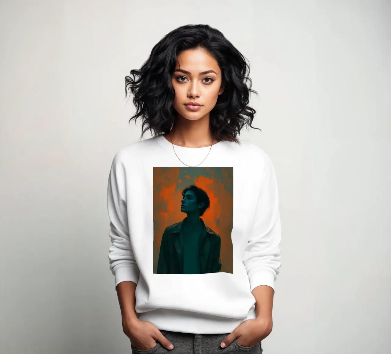 Junge Person in dramatischer Pose mit lebhafter Hintergrundfarbe Sweatshirt von DesignDoodle