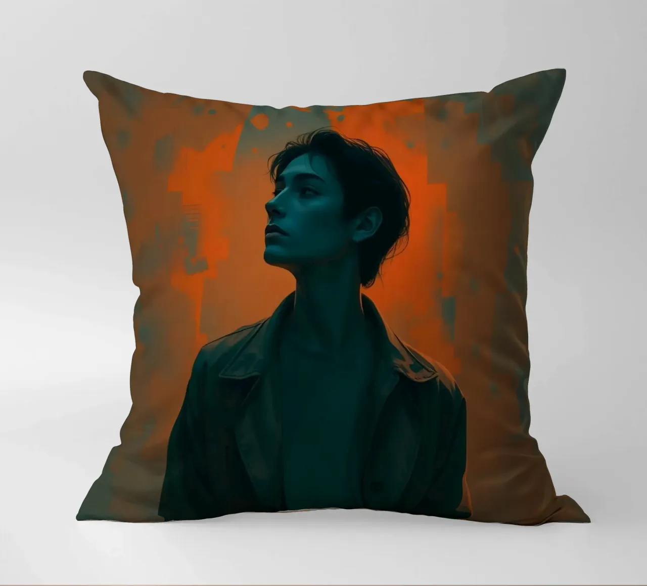 Giovane in posa drammatica con sfondo a tinte vivaci. cuscino da DesignDoodle