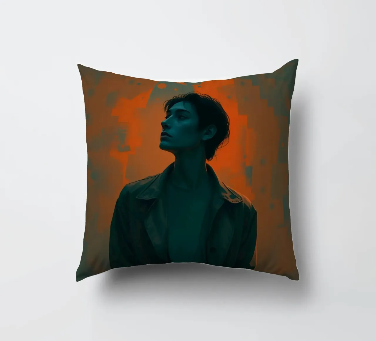 Giovane in posa drammatica con sfondo a tinte vivaci. cuscino da DesignDoodle