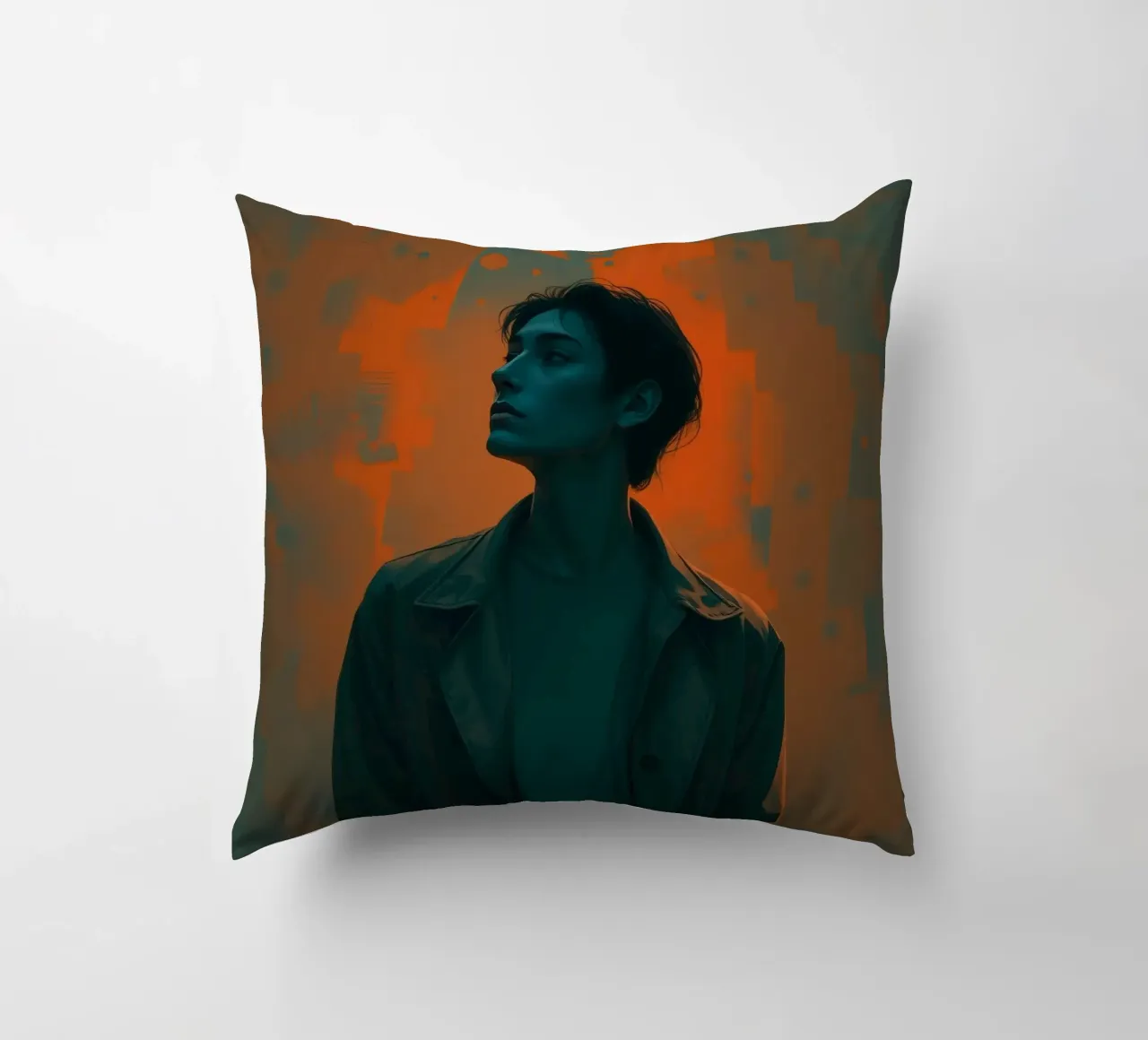 Giovane in posa drammatica con sfondo a tinte vivaci. cuscino da DesignDoodle