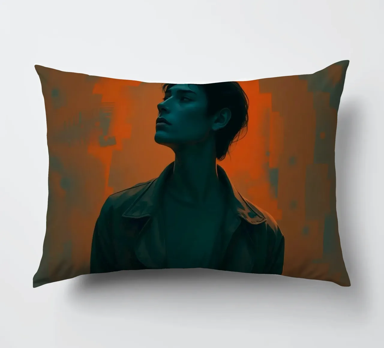 Giovane in posa drammatica con sfondo a tinte vivaci. cuscino da DesignDoodle
