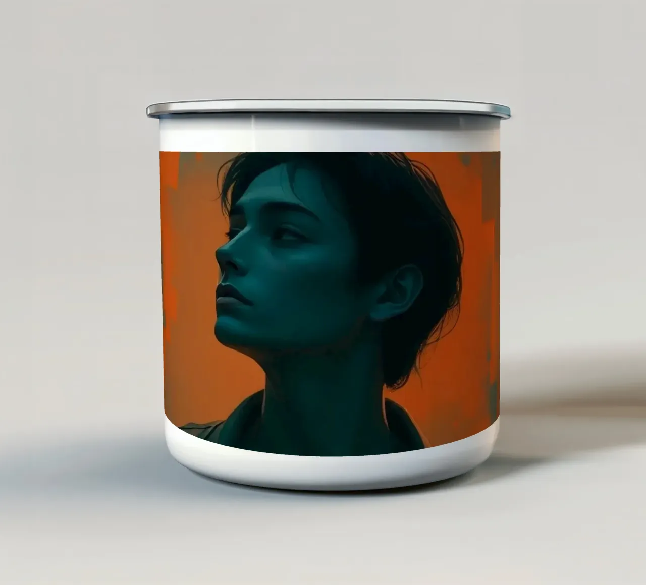 Giovane in posa drammatica con sfondo a tinte vivaci. tazza in smalto da DesignDoodle