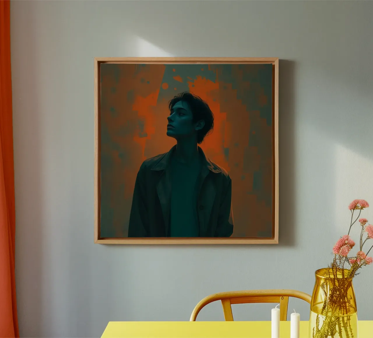 Young person in a dramatic pose with vibrant background colo canvas with Floater frame by DesignDoodle