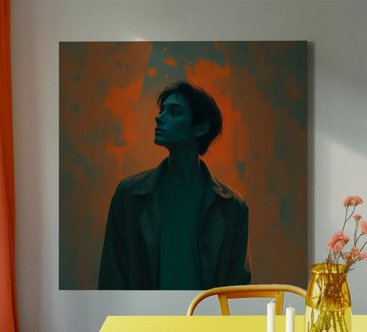 Young person in a dramatic pose with vibrant background colo canvas with Floater frame by DesignDoodle