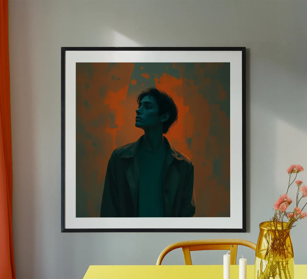 Junge Person in dramatischer Pose mit lebhafter Hintergrundfarbe Hahnemühle von DesignDoodle