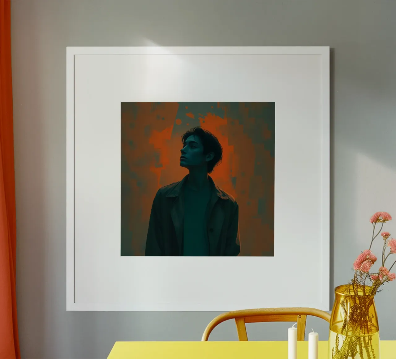 Junge Person in dramatischer Pose mit lebhafter Hintergrundfarbe Hahnemühle von DesignDoodle