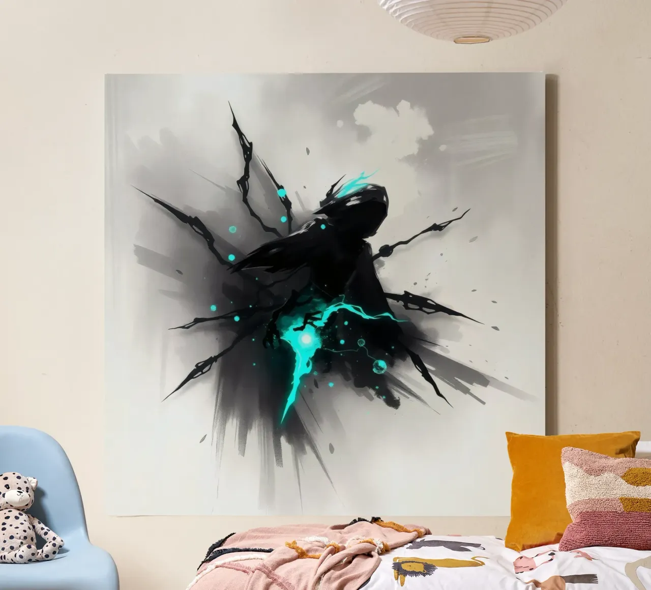 figuur die uit de schaduwen opduikt met blauwe elektrische energie canvas met Baklijst van DesignDoodle