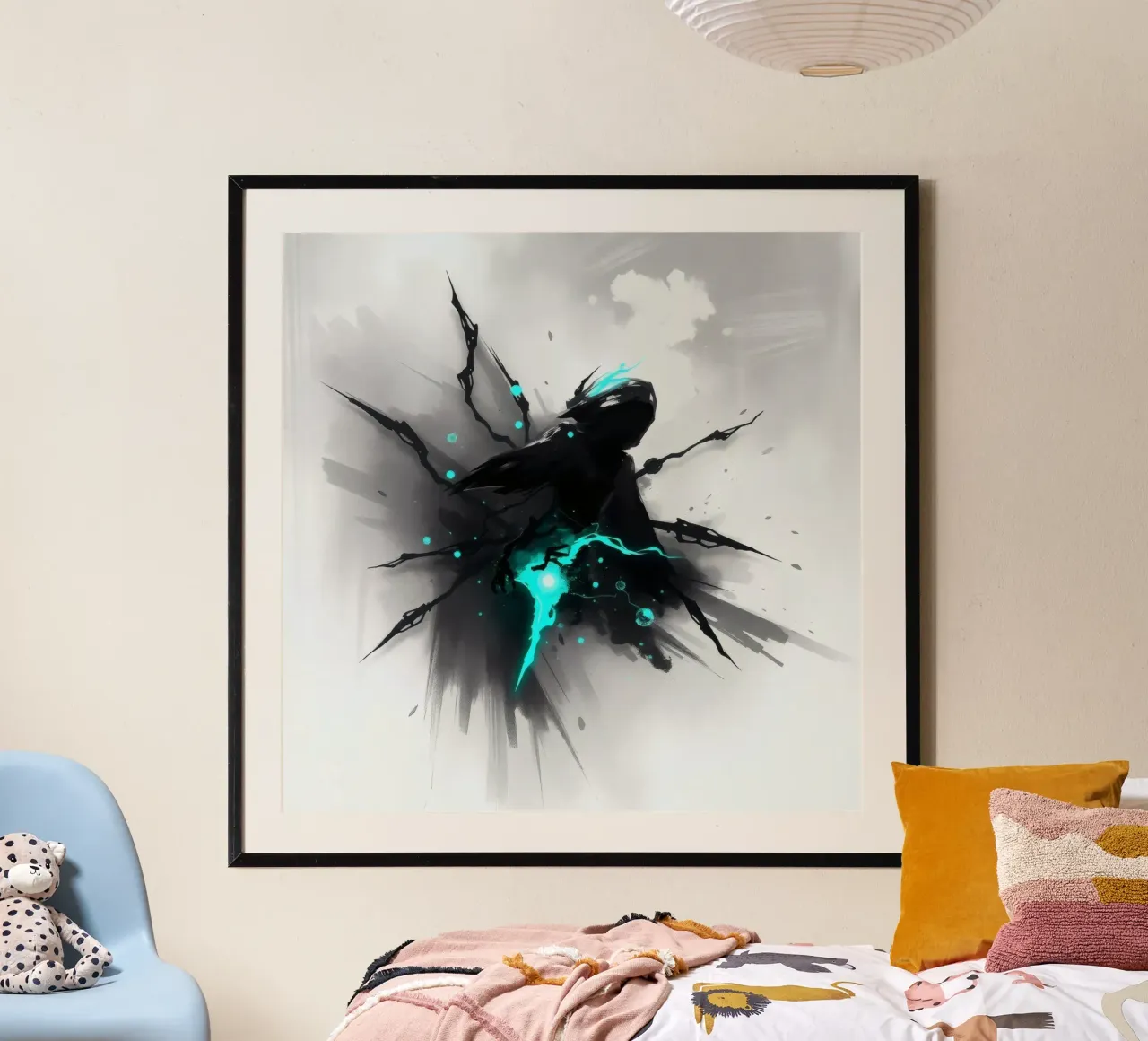 figuur die uit de schaduwen opduikt met blauwe elektrische energie hahnemühle van DesignDoodle