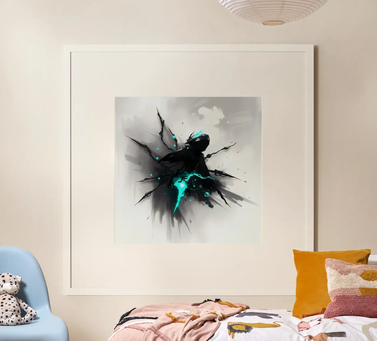 figuur die uit de schaduwen opduikt met blauwe elektrische energie hahnemühle van DesignDoodle