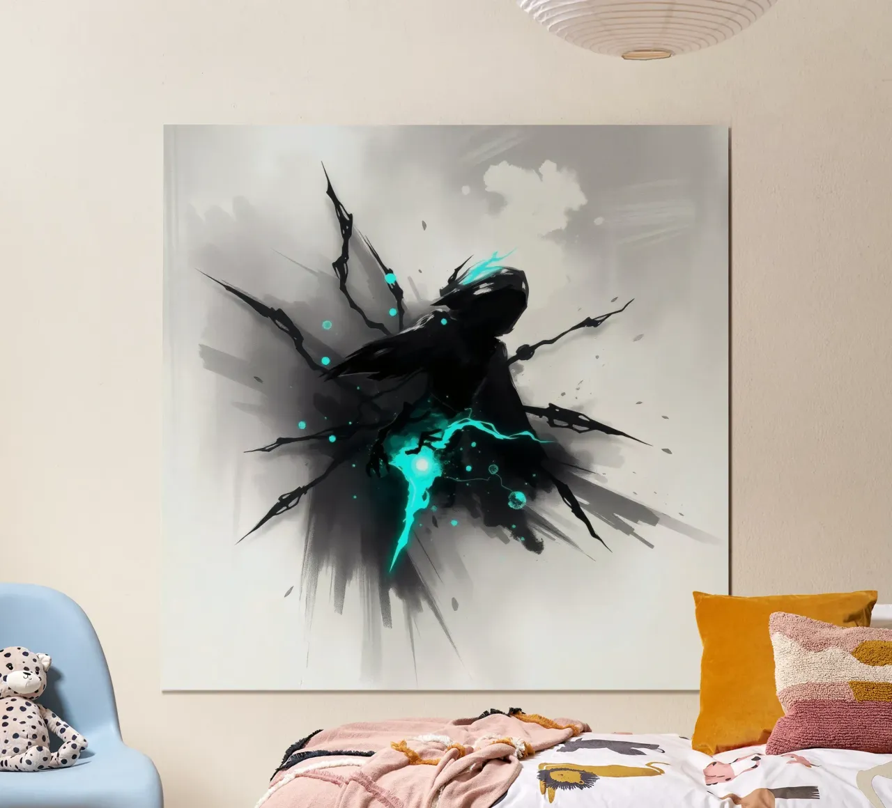 figuur die uit de schaduwen opduikt met blauwe elektrische energie hahnemühle van DesignDoodle