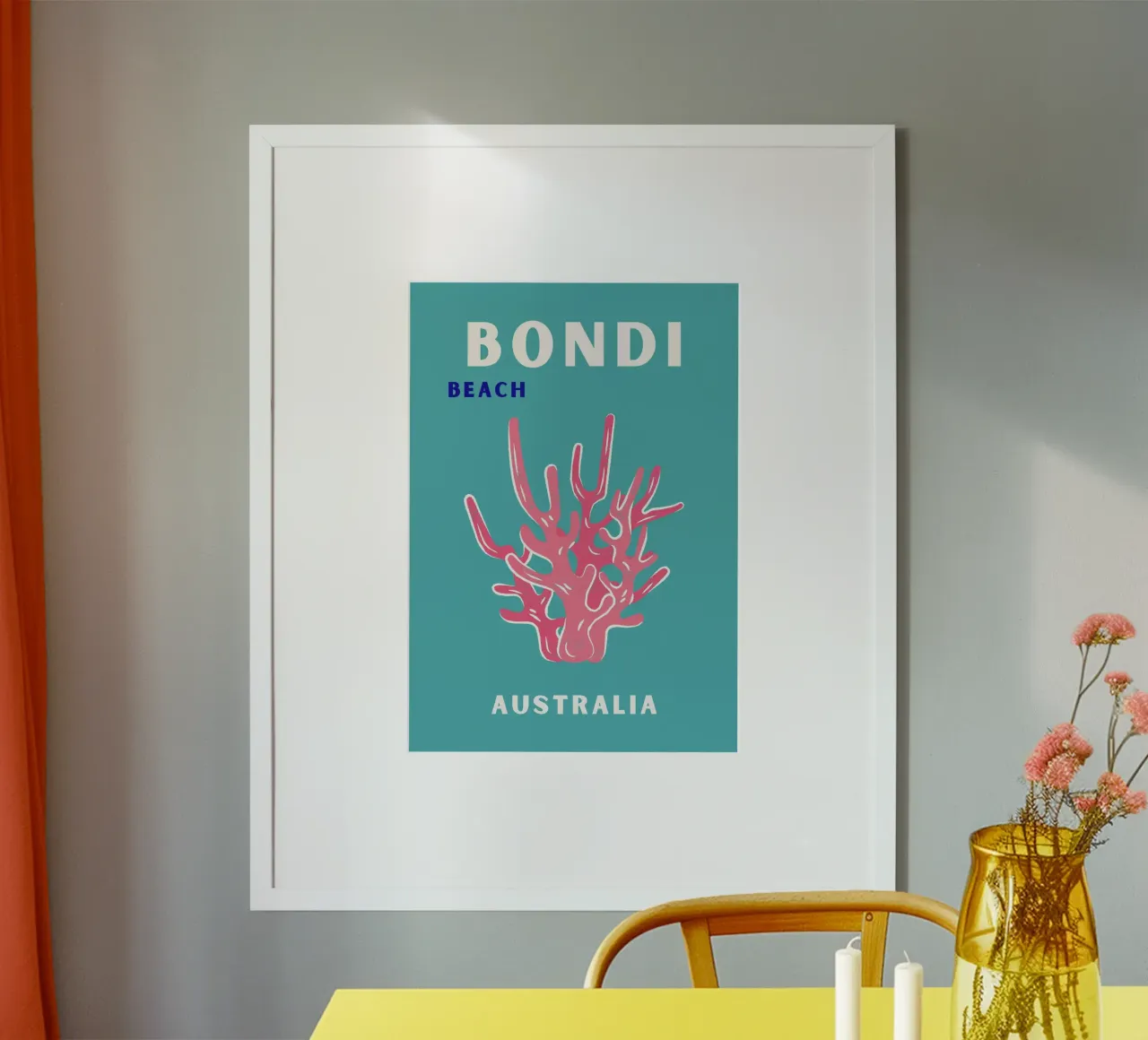 Minimalist Orange Coral Abstract Ocean Pop Art Print poster with aluminum frame by NorwesClub