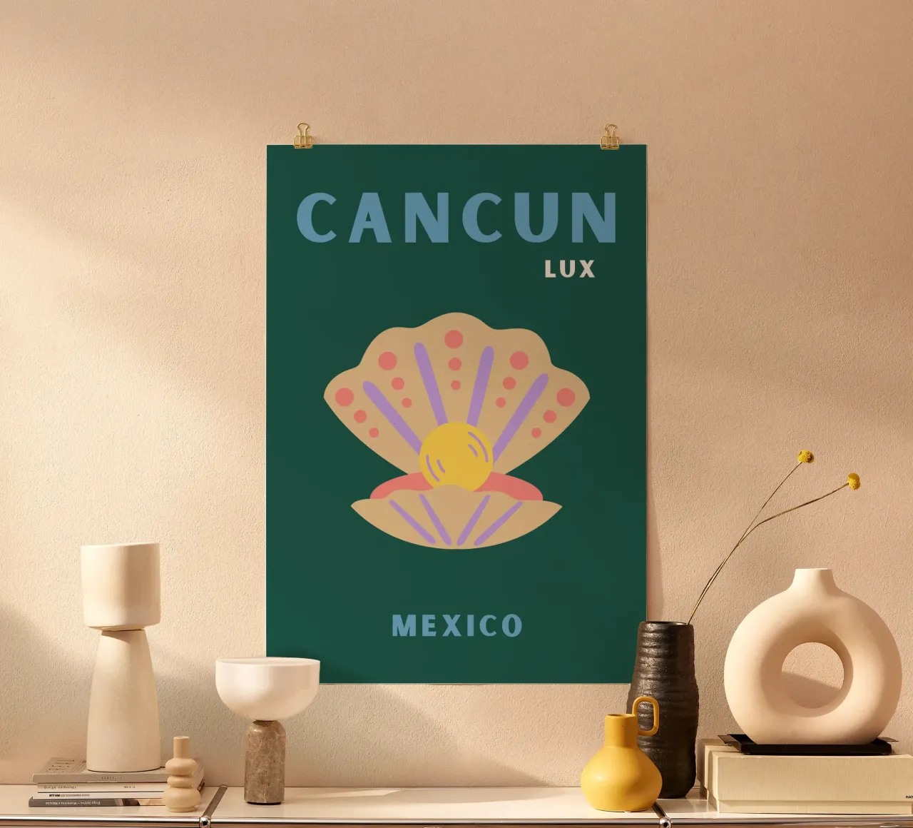 Cancun Lux Messico Conchiglia - Poster minimalista di viaggio Pr poster con telaio in alluminio da NorwesClub