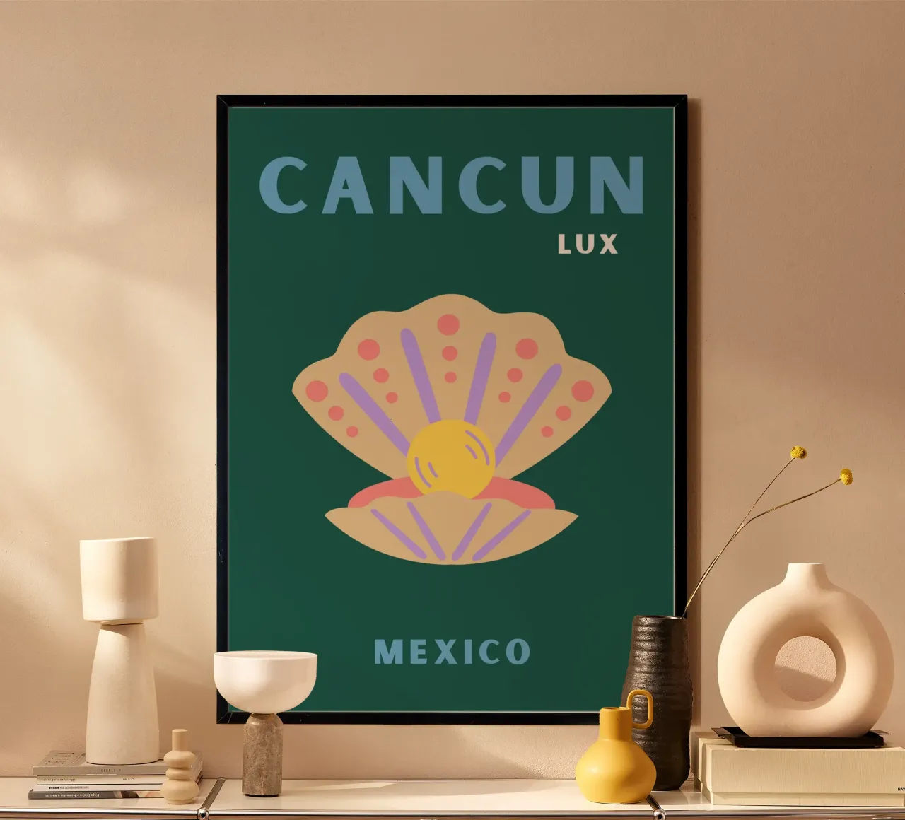Cancun Lux Messico Conchiglia - Poster minimalista di viaggio Pr poster con telaio in alluminio da NorwesClub