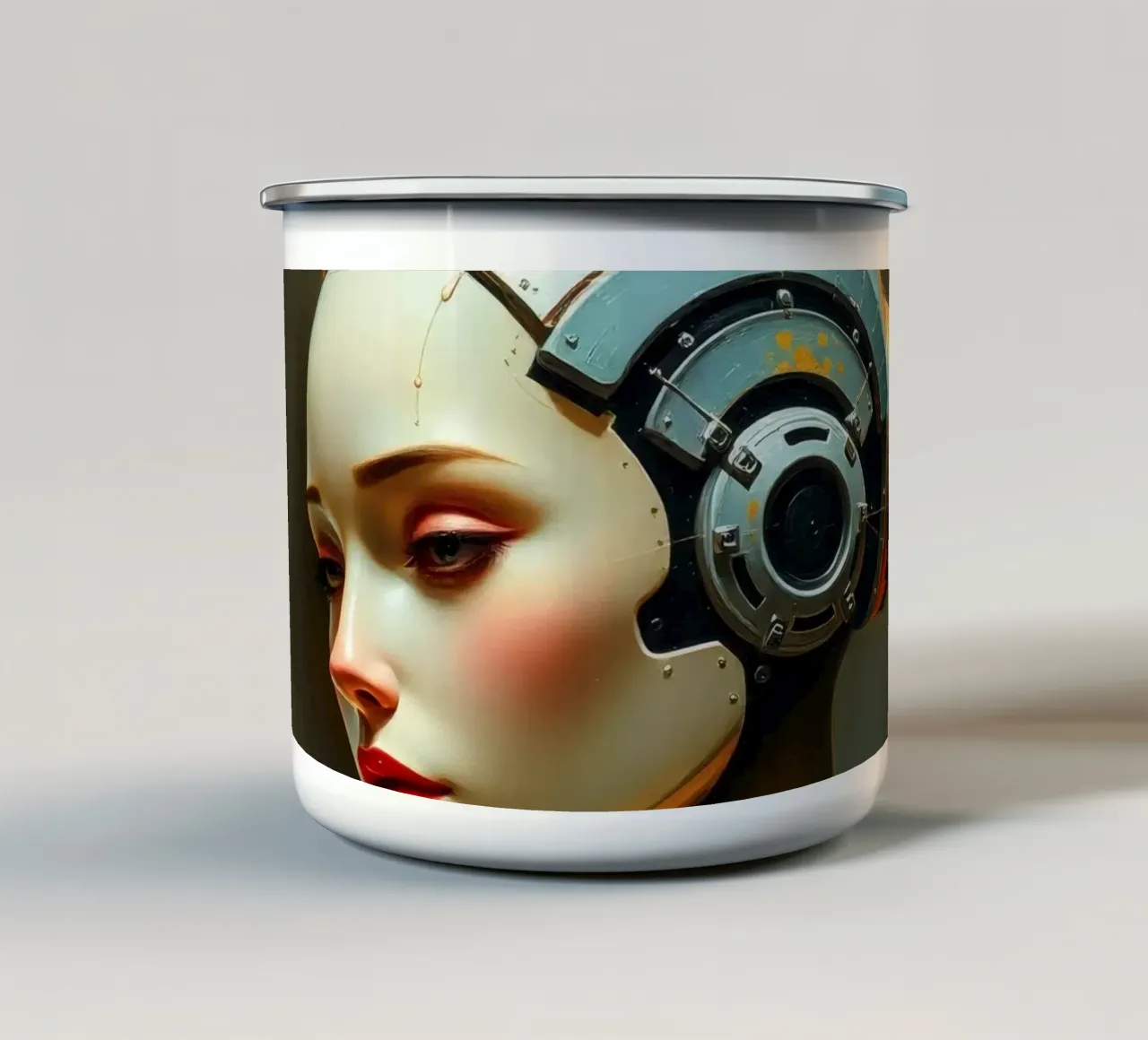 Rappresentazione scultorea di un robot umanoide tazza in smalto da DesignDoodle