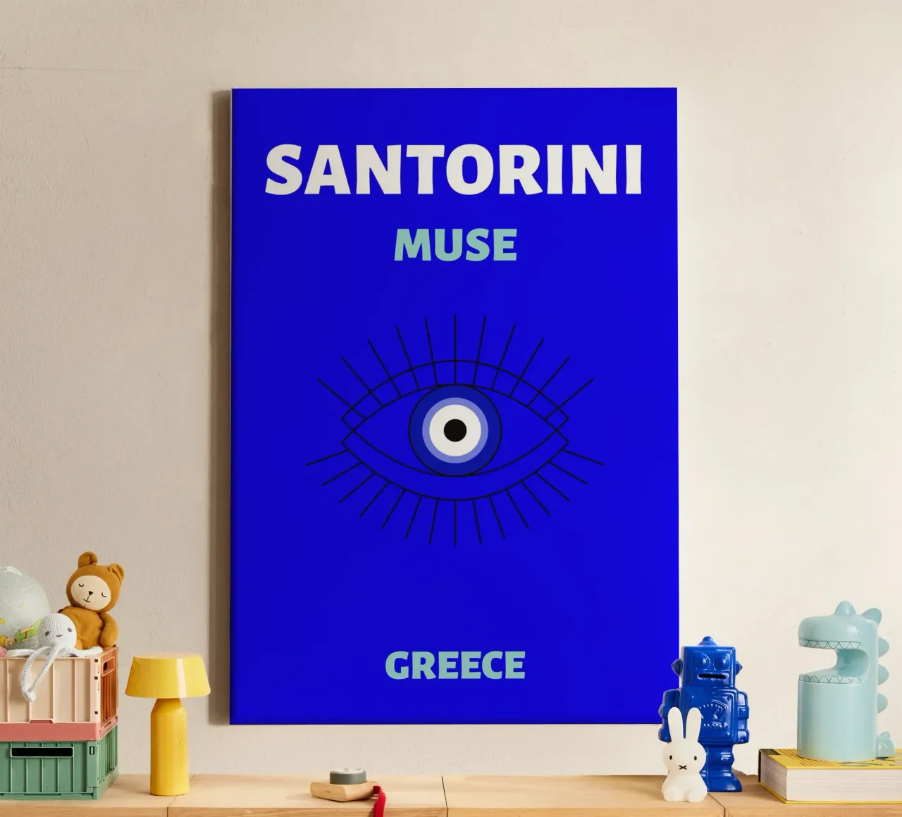 Santorini Muse Evil Eye - Poster da viaggio greco minimalista tela con Cornice a cassetta da NorwesClub