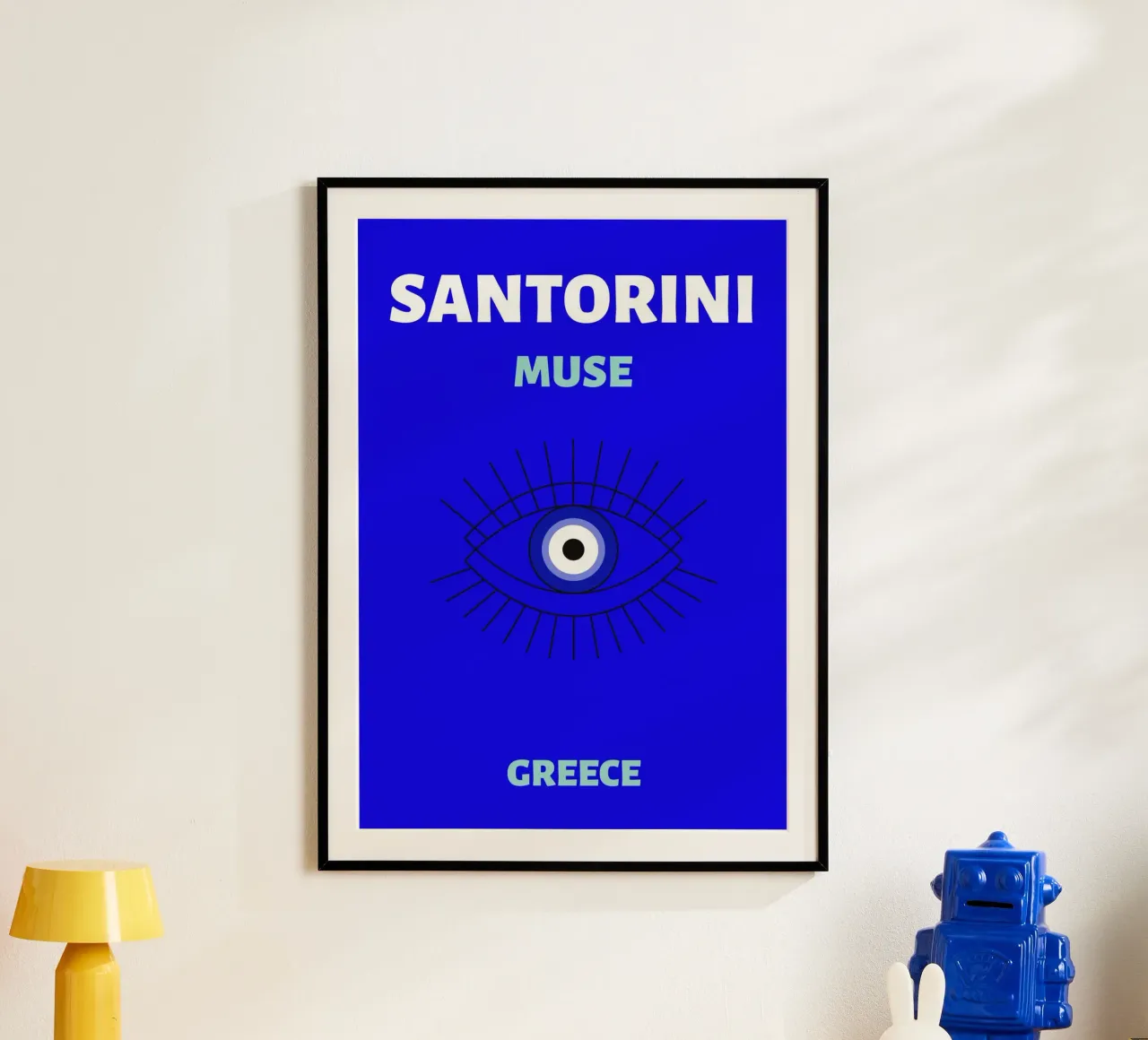 Santorini Muse Evil Eye - Poster da viaggio greco minimalista poster con telaio in alluminio da NorwesClub
