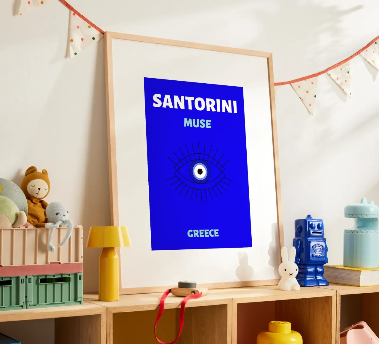 Santorini Muse Evil Eye - Poster da viaggio greco minimalista poster con telaio in alluminio da NorwesClub