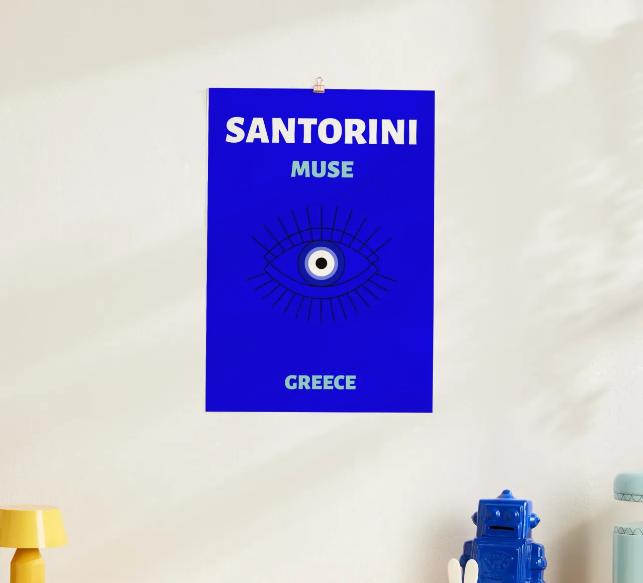 Santorini Muse Evil Eye - Poster da viaggio greco minimalista poster con telaio in alluminio da NorwesClub