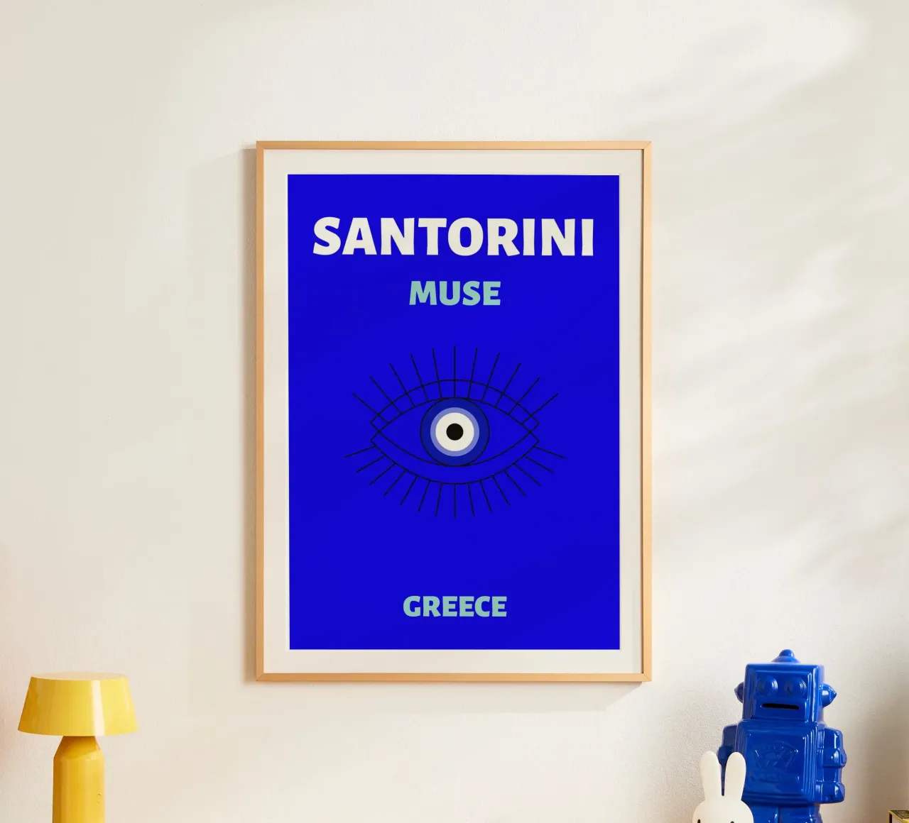 Santorini Muse Evil Eye - Poster da viaggio greco minimalista poster con telaio in alluminio da NorwesClub