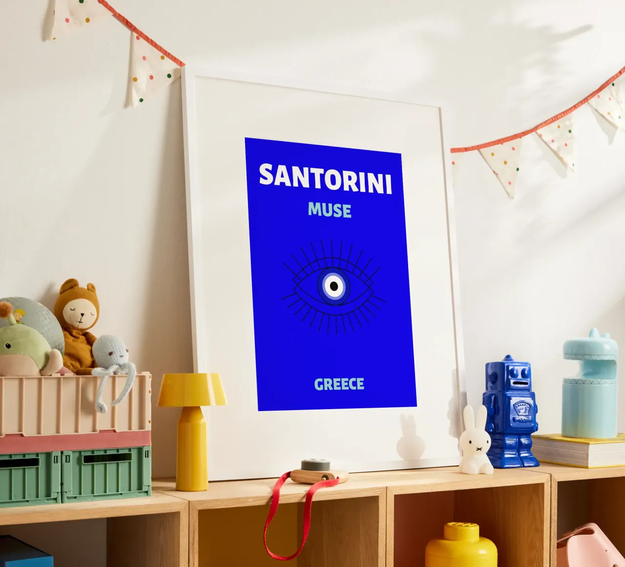 Santorini Muse Evil Eye - Poster da viaggio greco minimalista poster con telaio in alluminio da NorwesClub