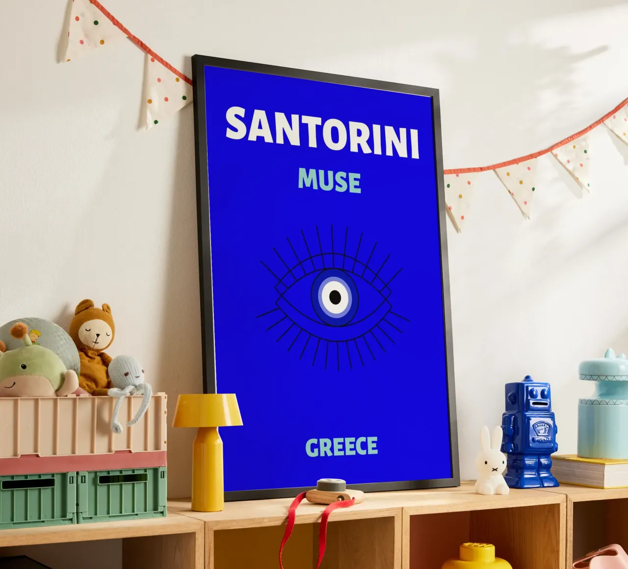 Santorini Muse Evil Eye - Poster da viaggio greco minimalista poster con telaio in alluminio da NorwesClub