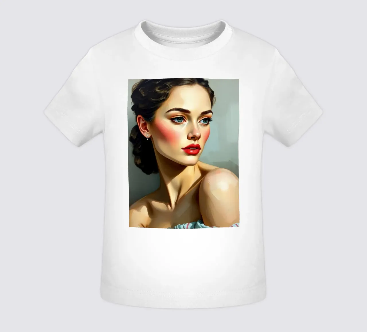 mujer de penetrantes ojos azules y rasgos suaves en un neutro camiseta de bebé de DesignDoodle