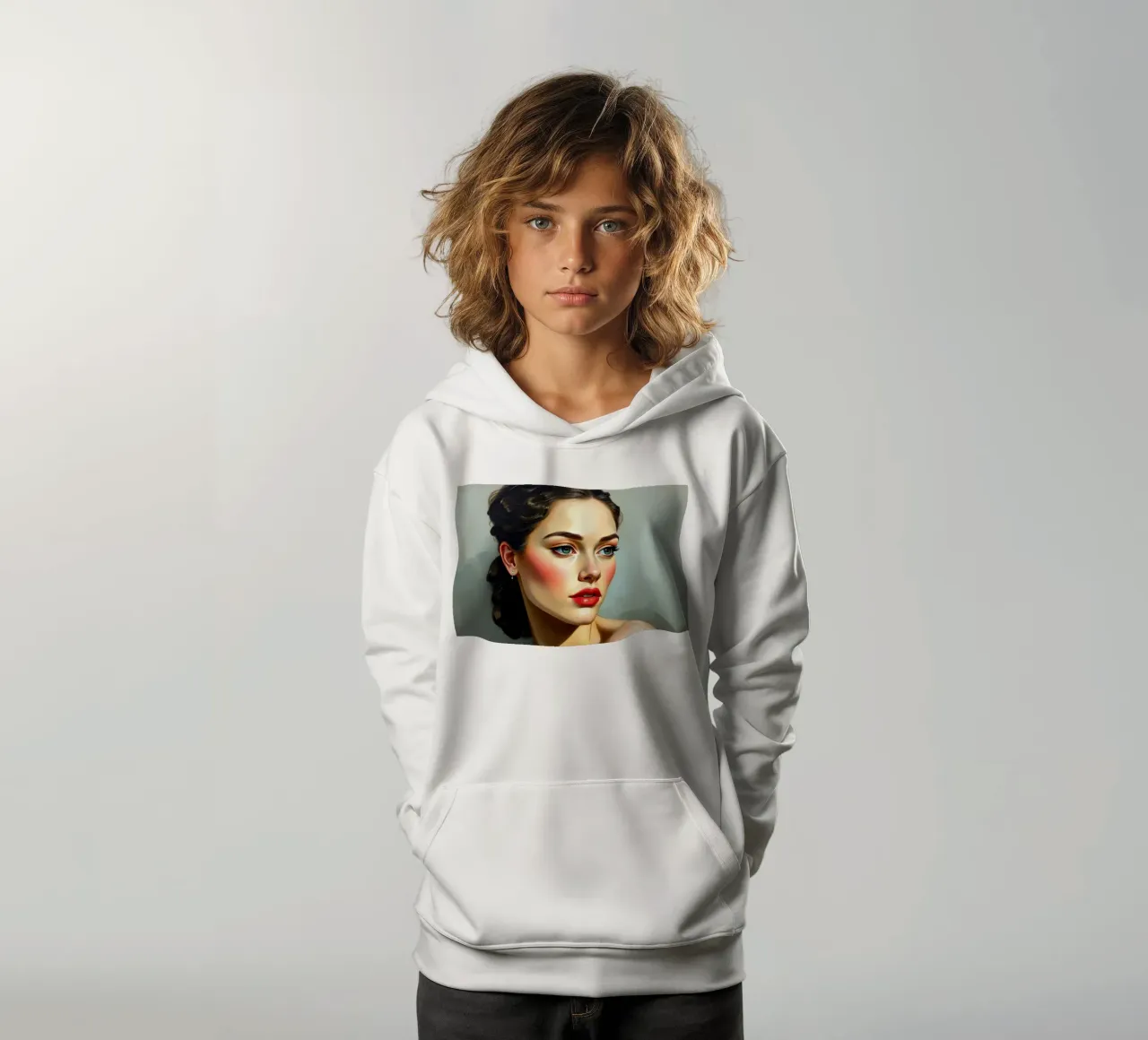 femme aux yeux bleus perçants et aux traits doux dans une tenue neutre. sweat à capuche enfant de DesignDoodle