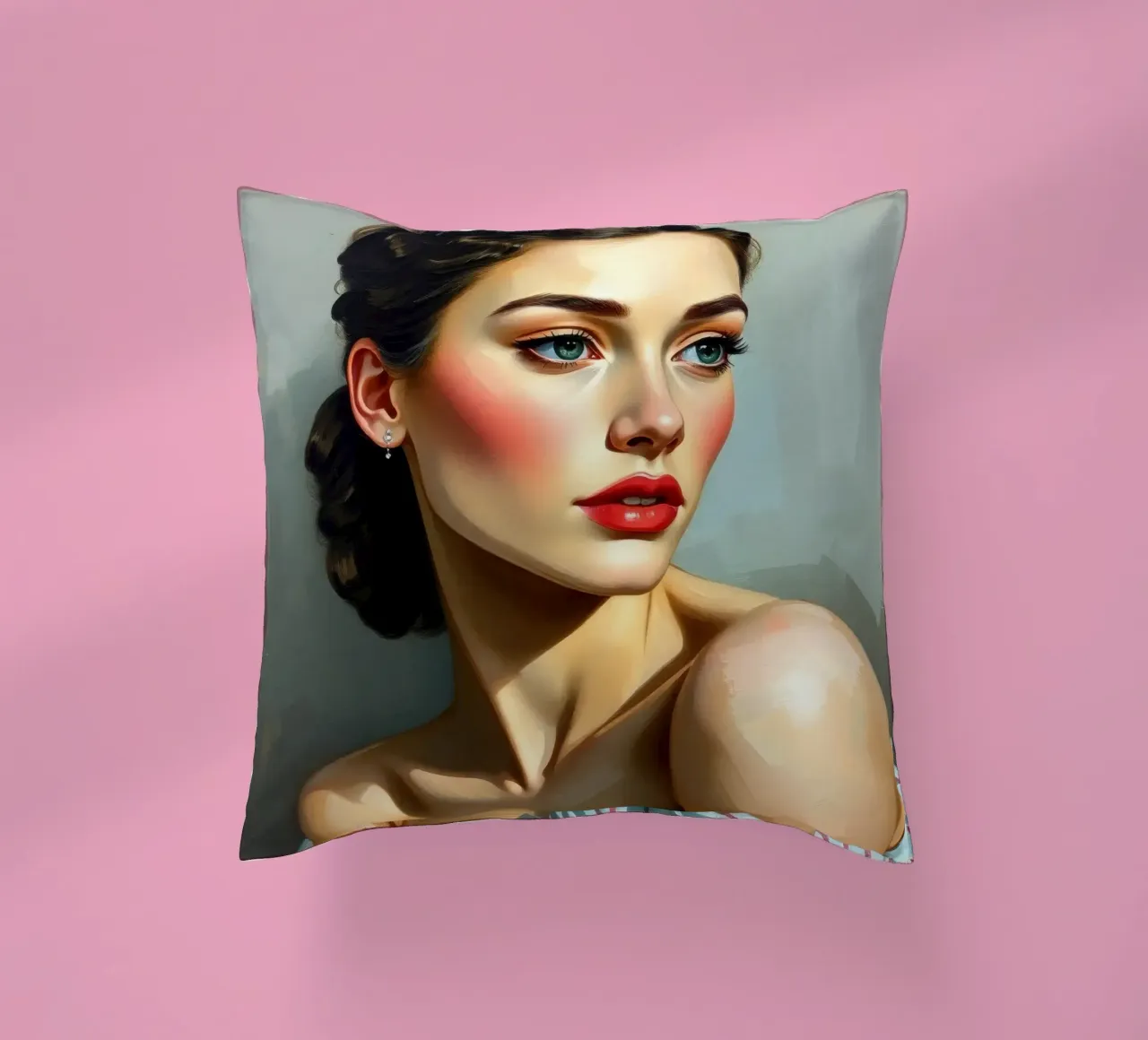 woman with piercing blue eyes and soft features in a neutral decorative cushion by DesignDoodle