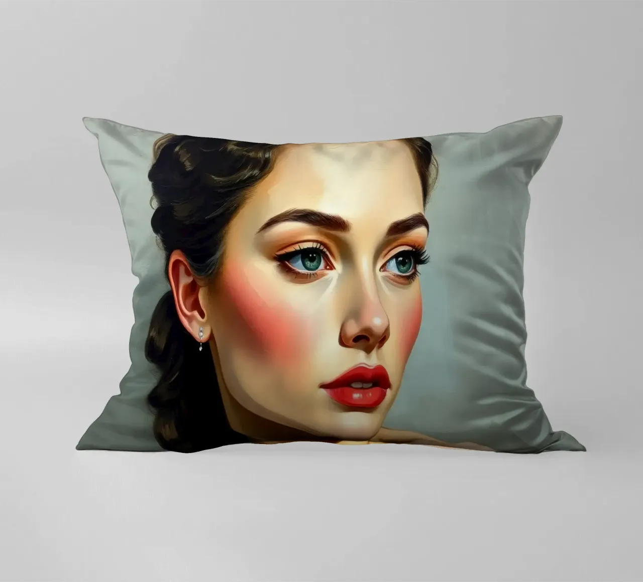 woman with piercing blue eyes and soft features in a neutral decorative cushion by DesignDoodle