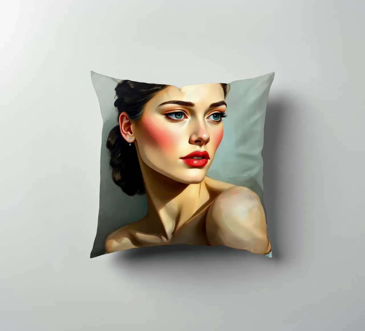 woman with piercing blue eyes and soft features in a neutral decorative cushion by DesignDoodle