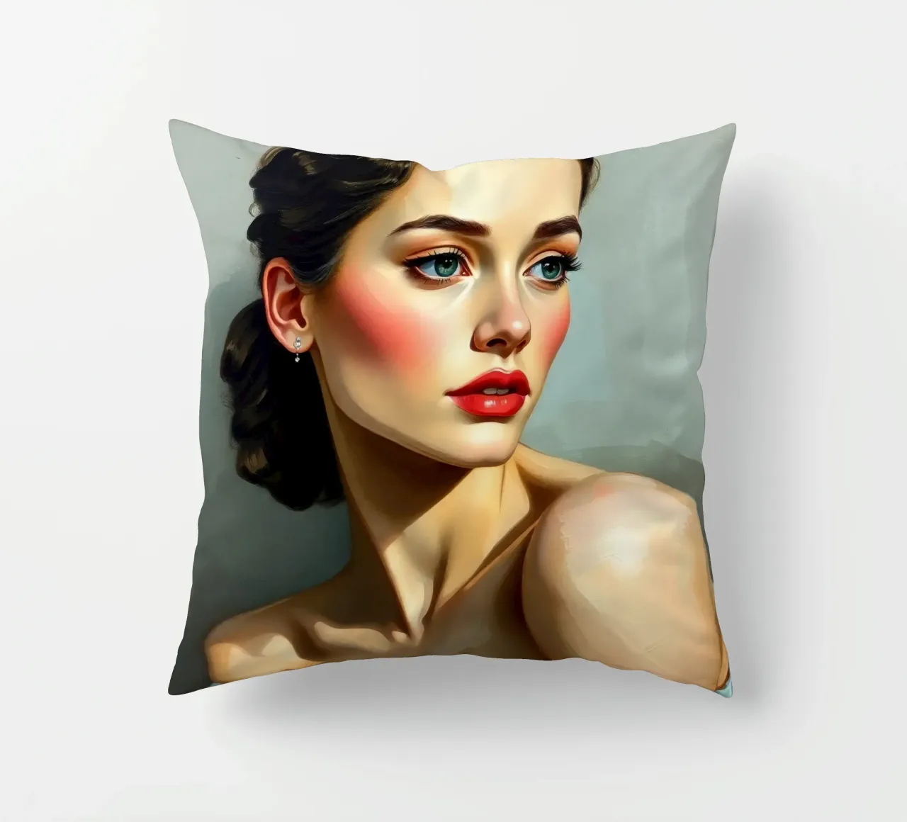 woman with piercing blue eyes and soft features in a neutral decorative cushion by DesignDoodle