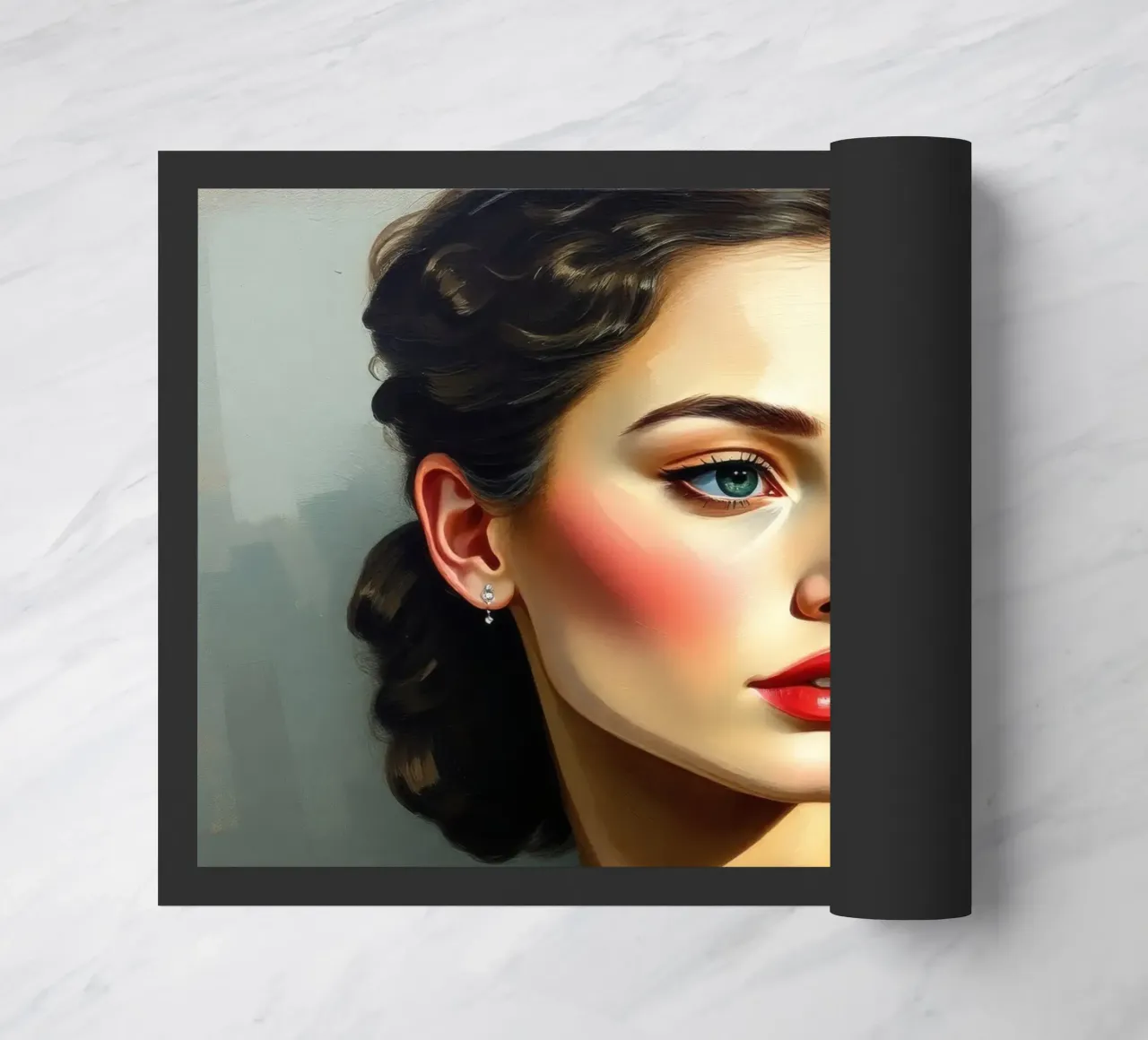 Frau mit stechend blauen Augen und weichen Gesichtszügen in einem neutralen Fußmatte von DesignDoodle