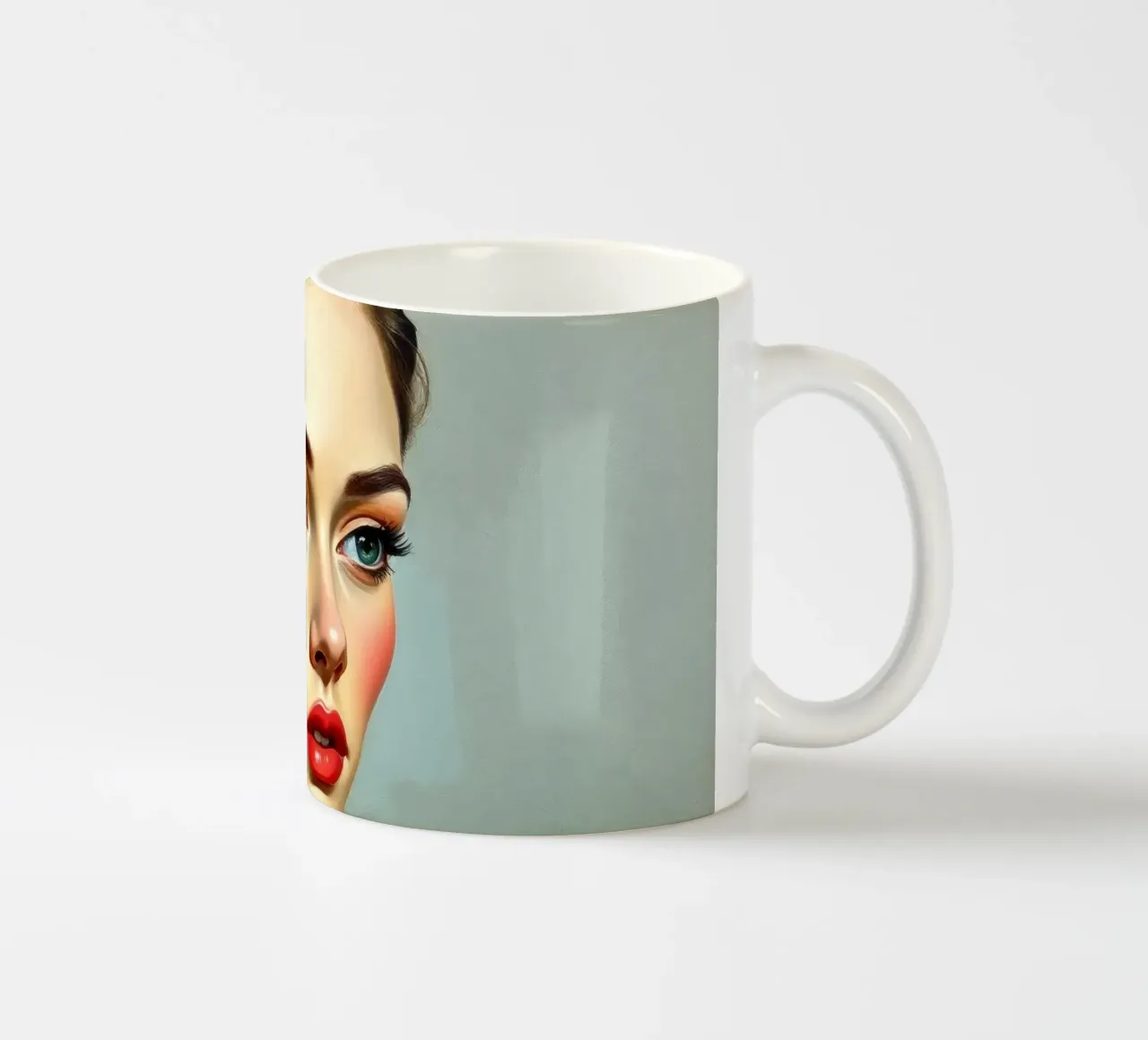woman with piercing blue eyes and soft features in a neutral ceramic mug by DesignDoodle