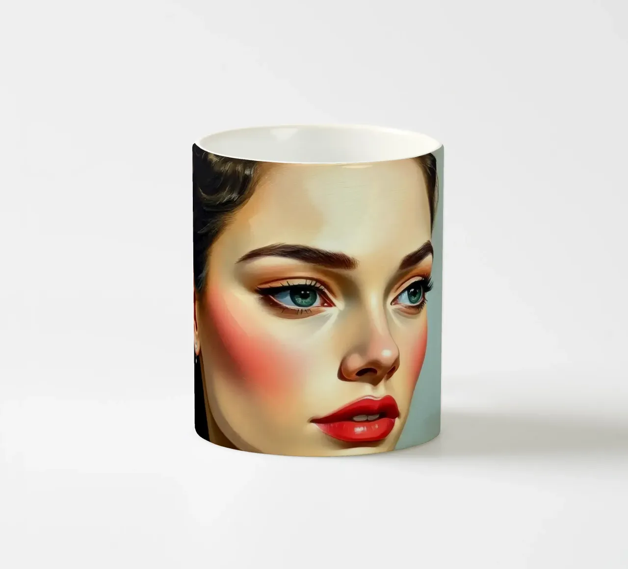 woman with piercing blue eyes and soft features in a neutral ceramic mug by DesignDoodle