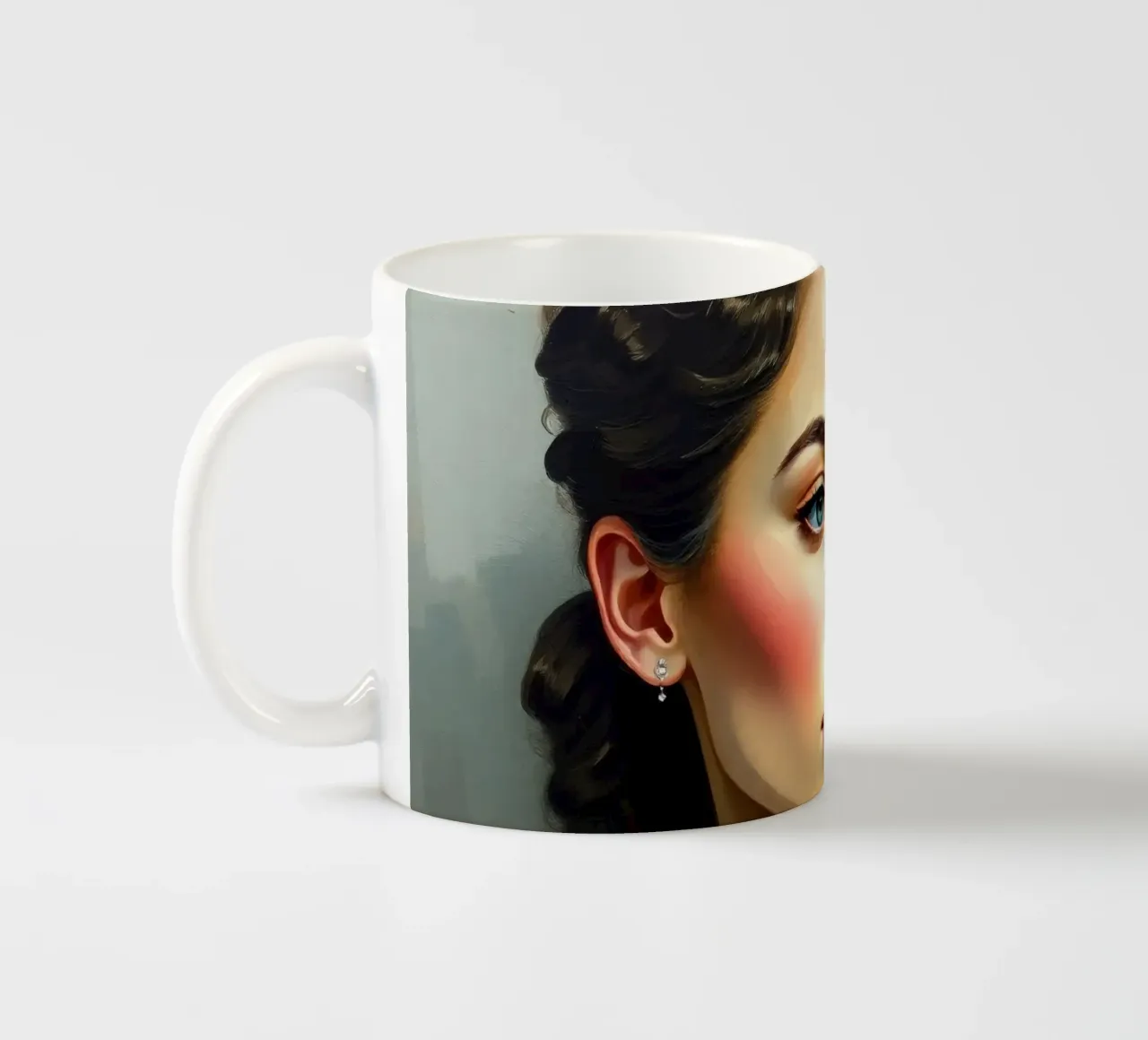 woman with piercing blue eyes and soft features in a neutral ceramic mug by DesignDoodle