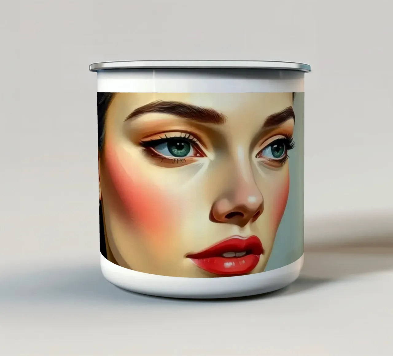 donna dai penetranti occhi azzurri e dai lineamenti morbidi in un abito neutro. tazza in smalto da DesignDoodle