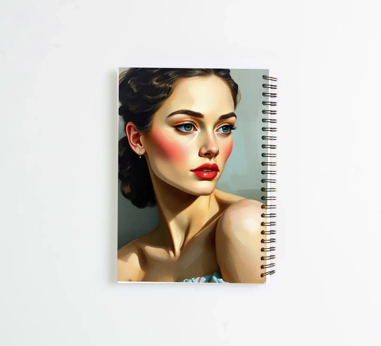 Frau mit stechend blauen Augen und weichen Gesichtszügen in einem neutralen Ringbuch von DesignDoodle