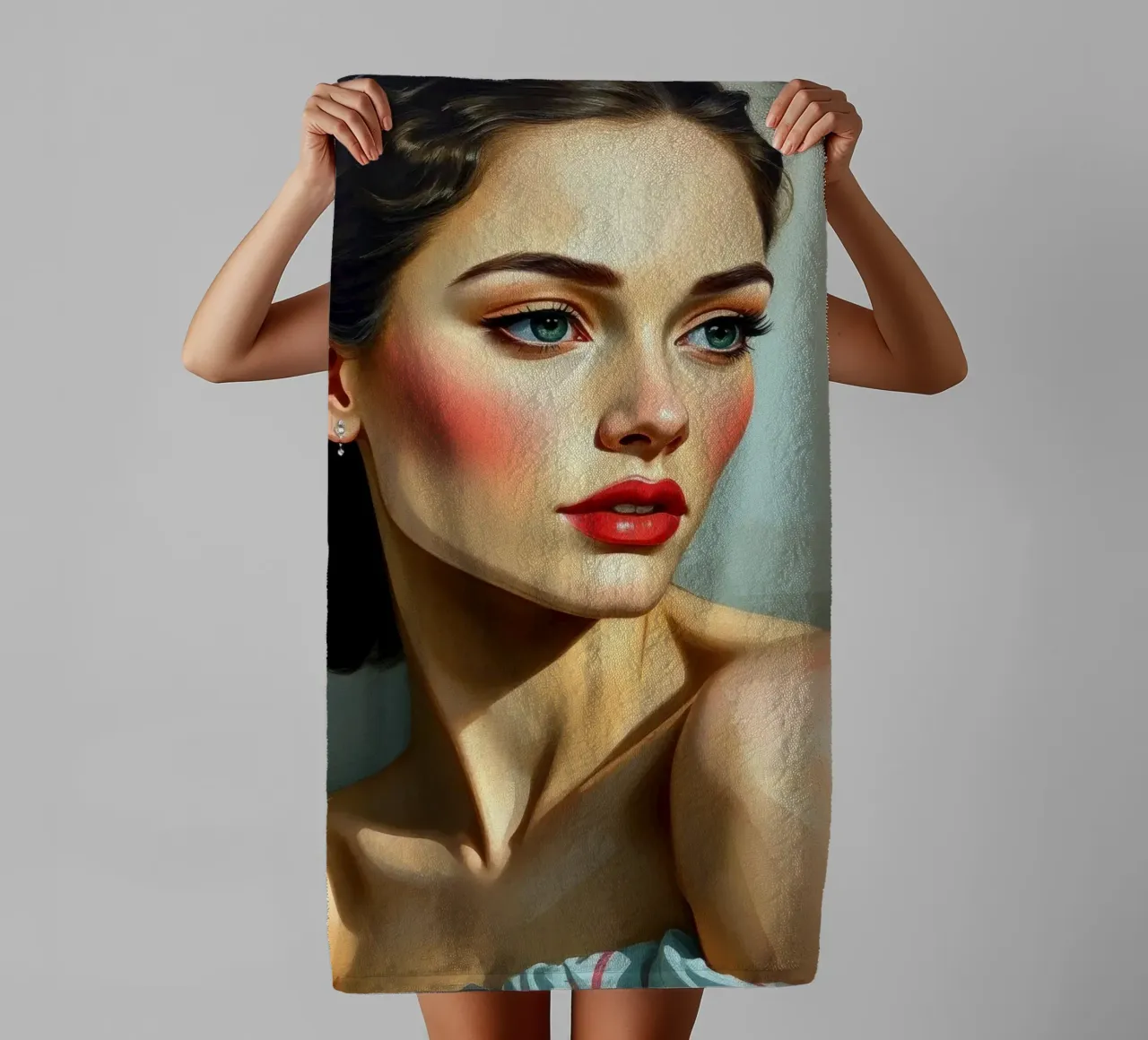woman with piercing blue eyes and soft features in a neutral towel by DesignDoodle