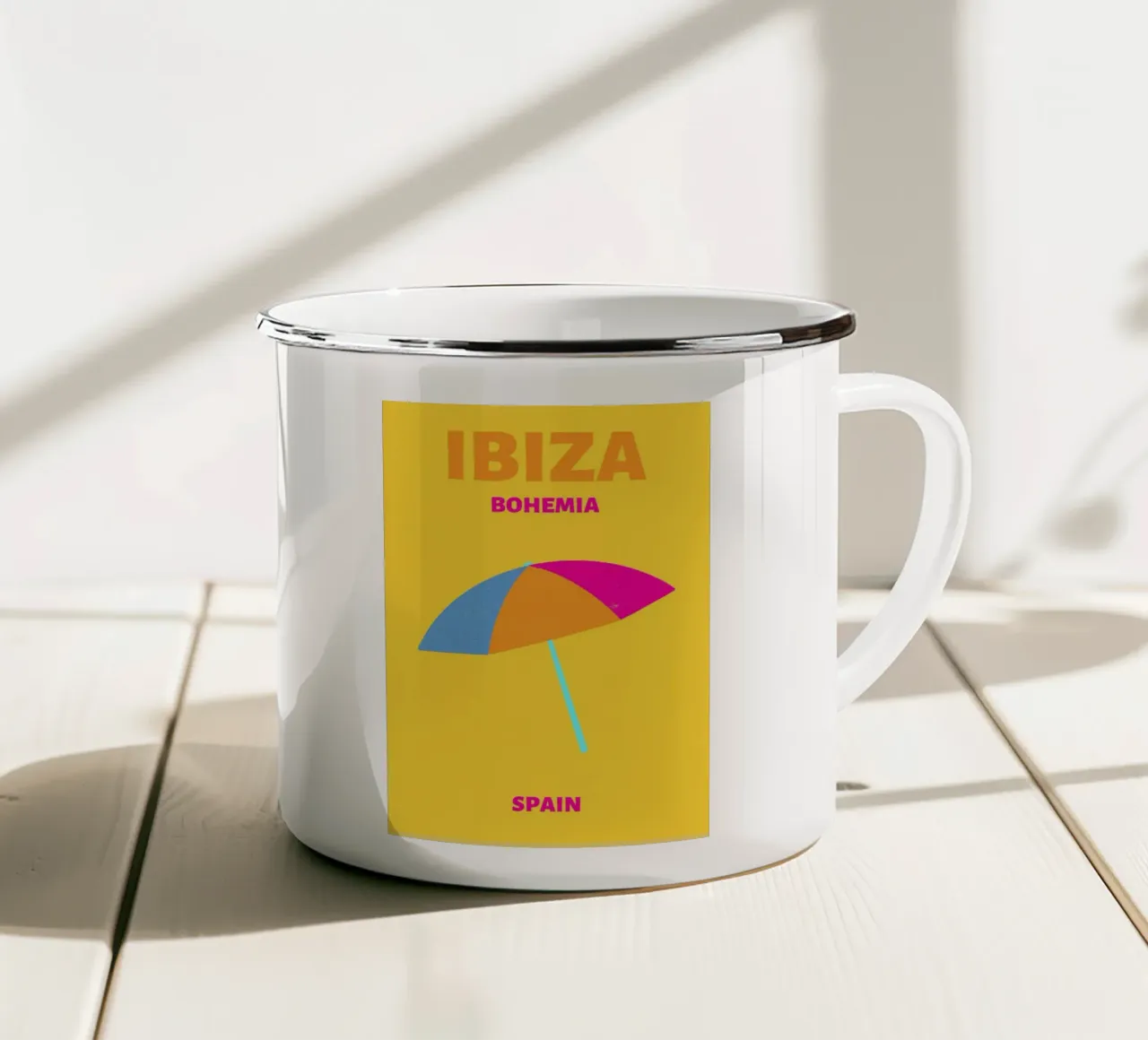 Ombrello di Ibiza Bohemia - Poster da viaggio colorato per la spiaggia tazza in smalto da NorwesClub