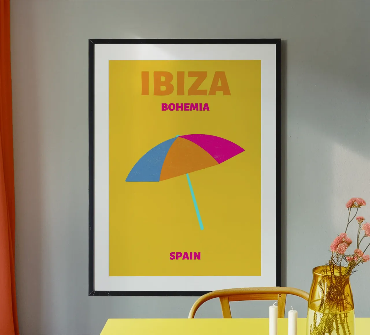 Ombrello di Ibiza Bohemia - Poster da viaggio colorato per la spiaggia poster con telaio in legno da NorwesClub