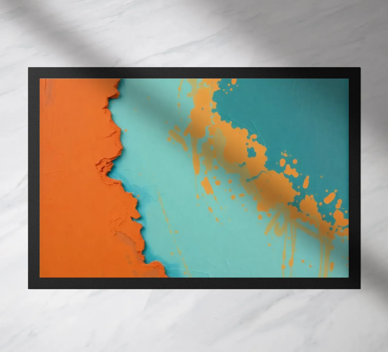 Abstract art painting with vibrant orange and turquoise doormat by DesignDoodle