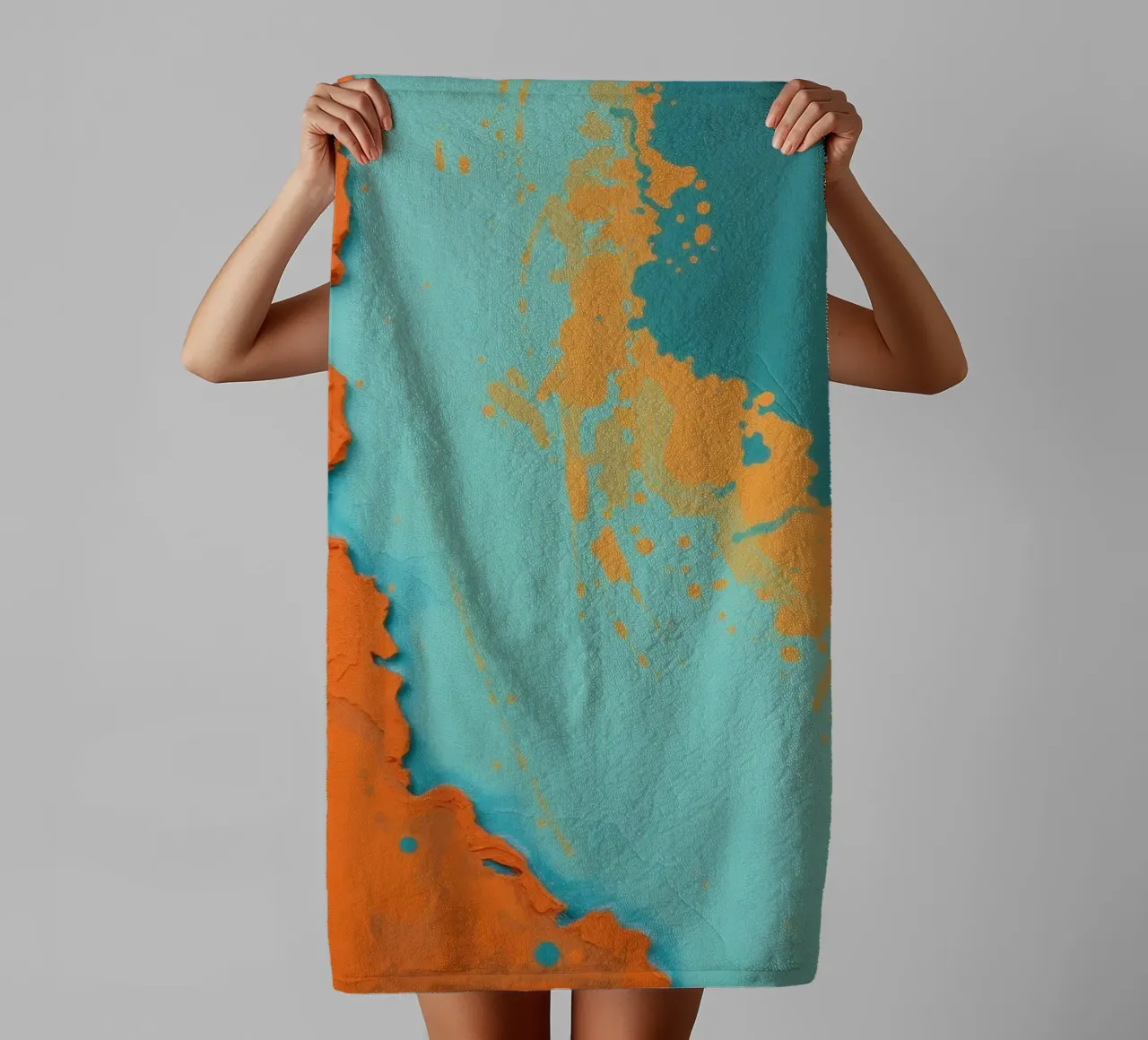 Abstract art painting with vibrant orange and turquoise towel by DesignDoodle