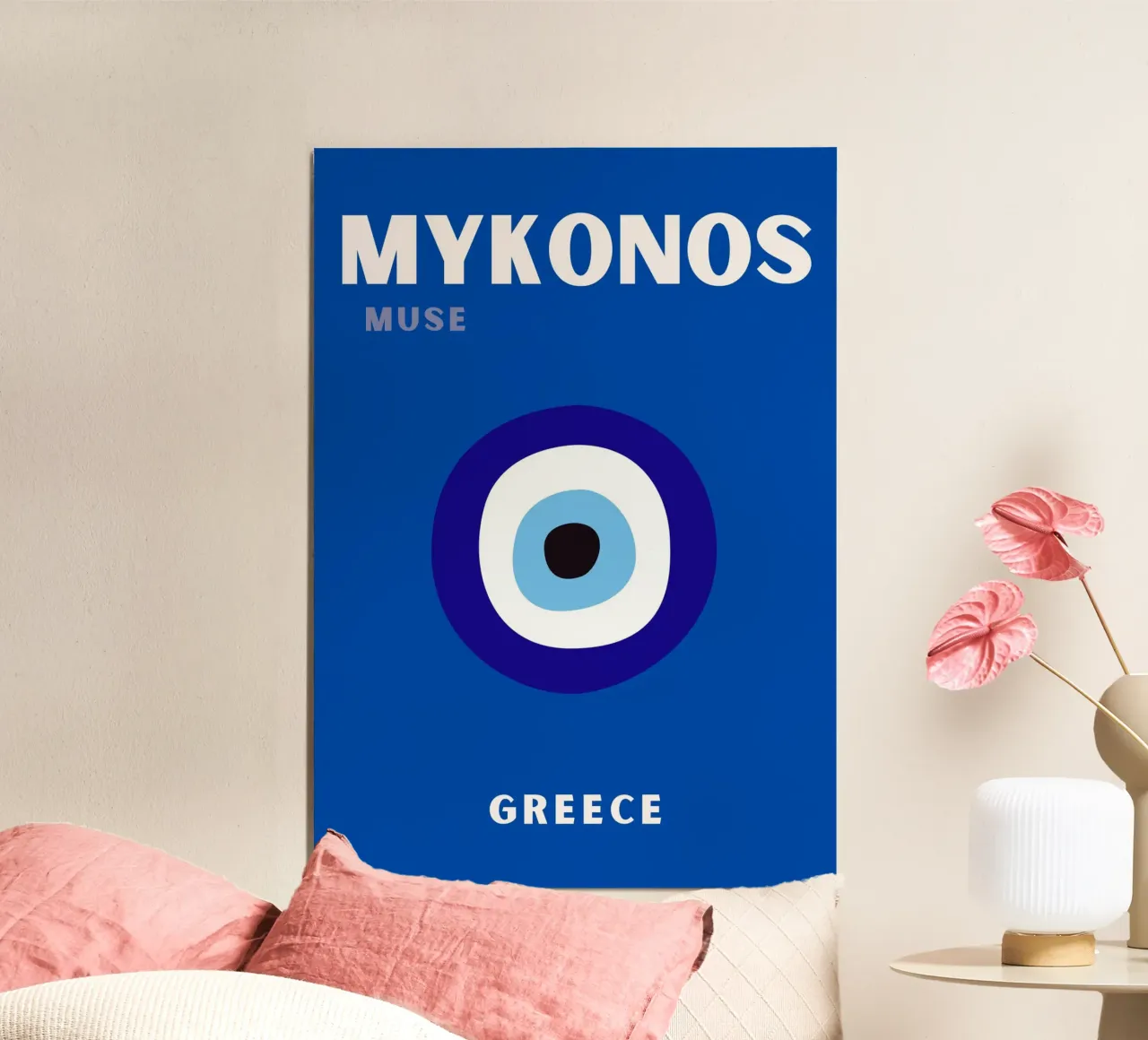 Mykonos Muse Eye Poster di N.D. Grecia - Pop Art Travel Chic poster con telaio in plastica da NorwesClub