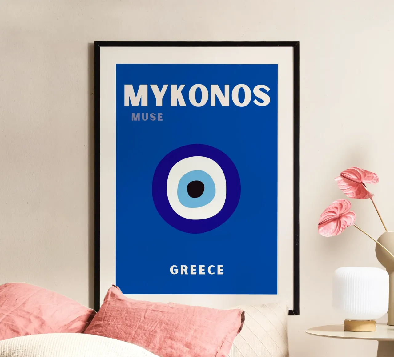 Mykonos Muse Eye Poster di N.D. Grecia - Pop Art Travel Chic poster con telaio in plastica da NorwesClub