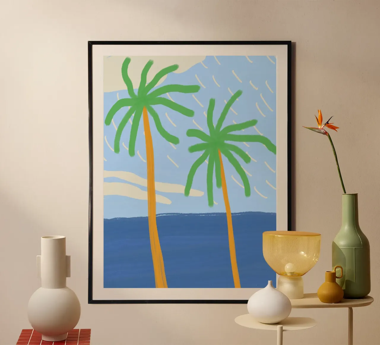 Illustrazione delle vacanze a Palm Beach poster con telaio in legno da Little Dean