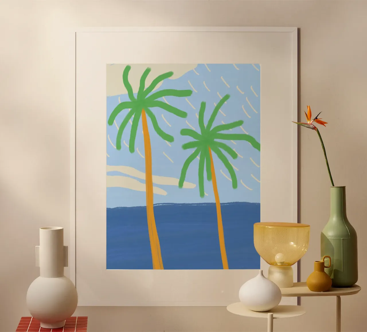 Illustrazione delle vacanze a Palm Beach poster con telaio in legno da Little Dean