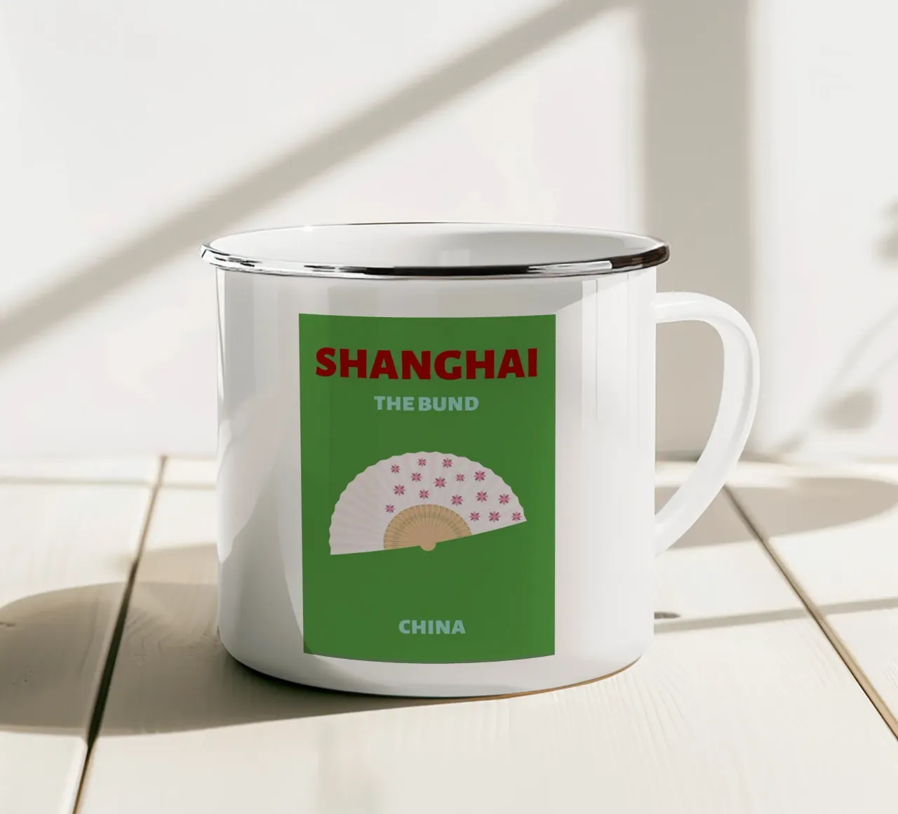 Shanghai Fan Art - Poster di viaggio in Cina tazza in smalto da NorwesClub