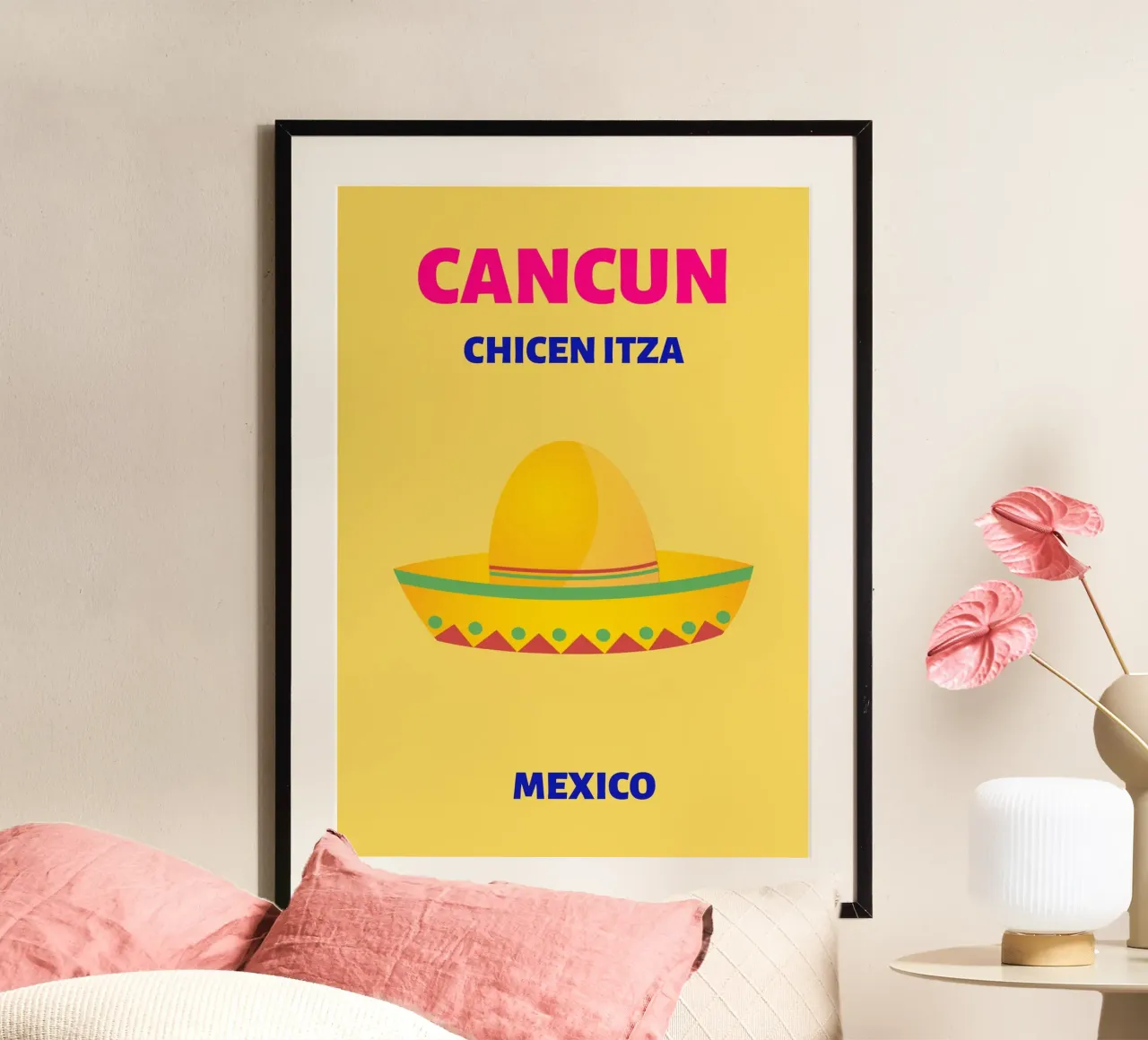 Cappello Cancun Fiesta - Poster di viaggio del Messico poster con telaio in legno da NorwesClub